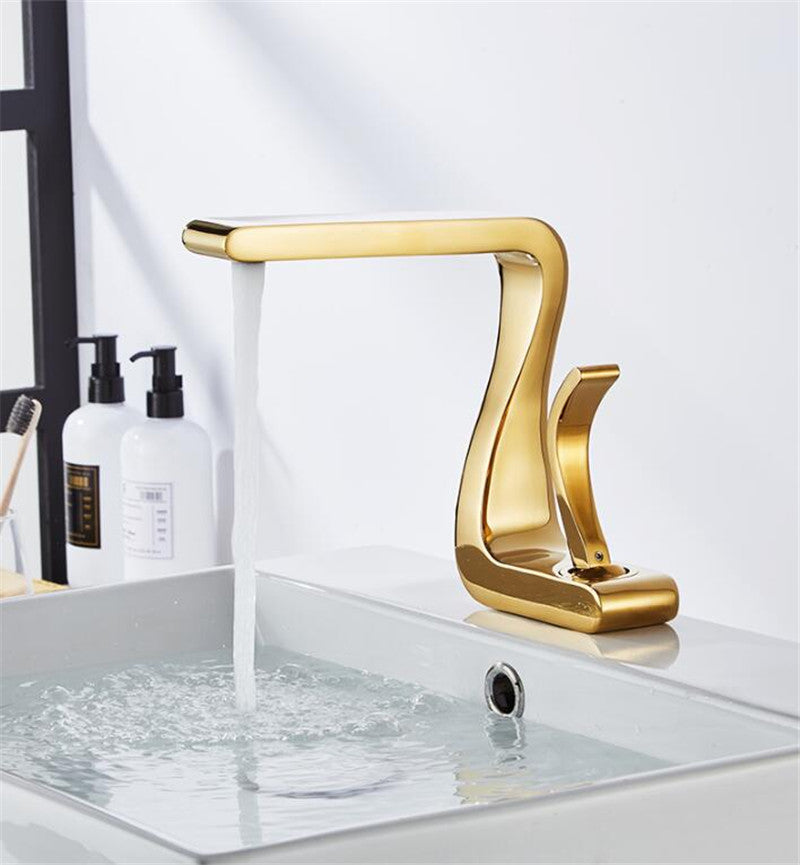 Lisslune | Polished Gold Bathroom Sink Faucets Single Handle Luxury Brass White Modern One Hole