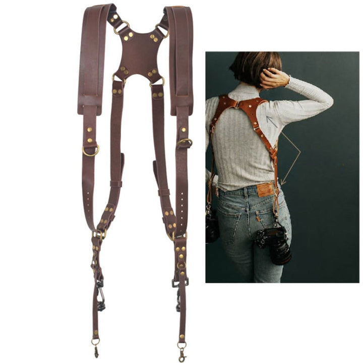 Lisslune | Quick Release Anti-Slip Dual Shoulder Leather Harness Camera Strap with Metal Hook for SLR / DSLR Cameras (Brown)
