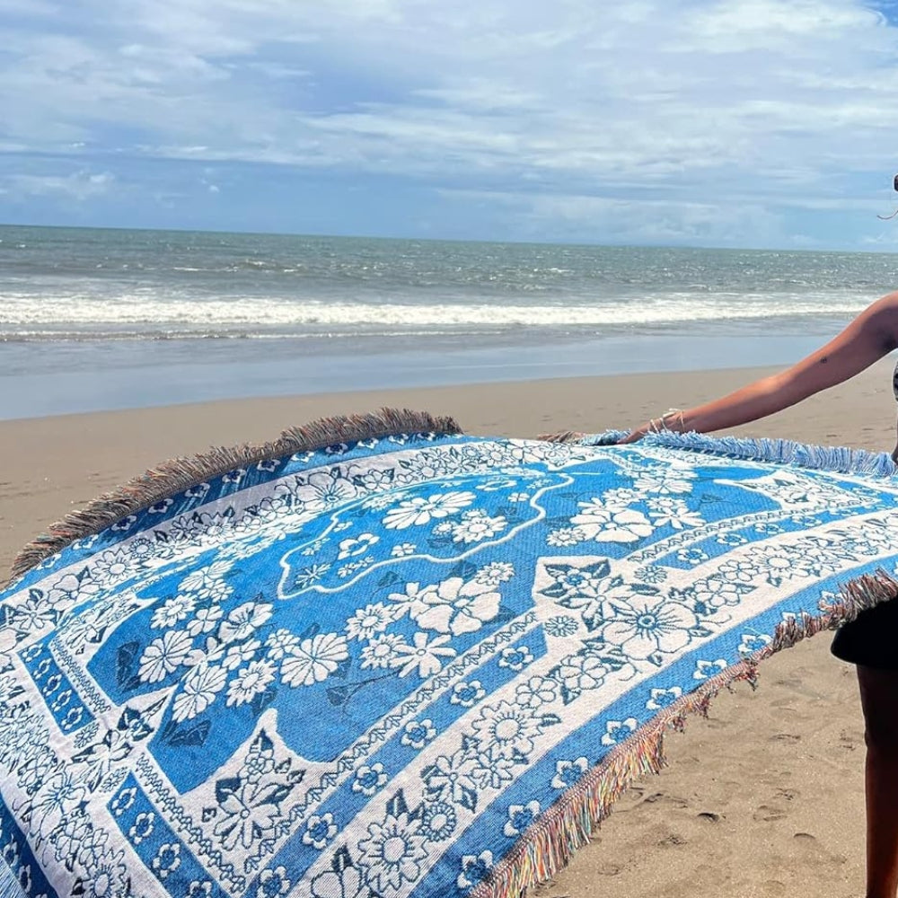Lisslune | Blue Daisy Bloom Boho Travel Outdoor Blanket