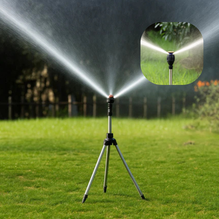 Lisslune | High-Pressure Rotating Tripod Sprinkler | 360° Coverage, Adjustable Height & Quick Setup for Garden Care and Summer Fun