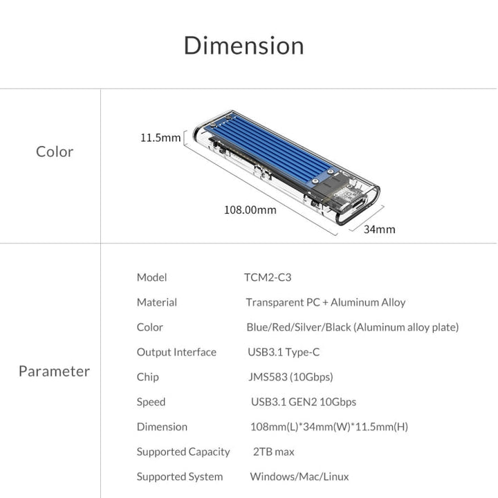 Lisslune | ORICO TCM2-C3 NVMe M.2 SSD enclosure (10Gbps)