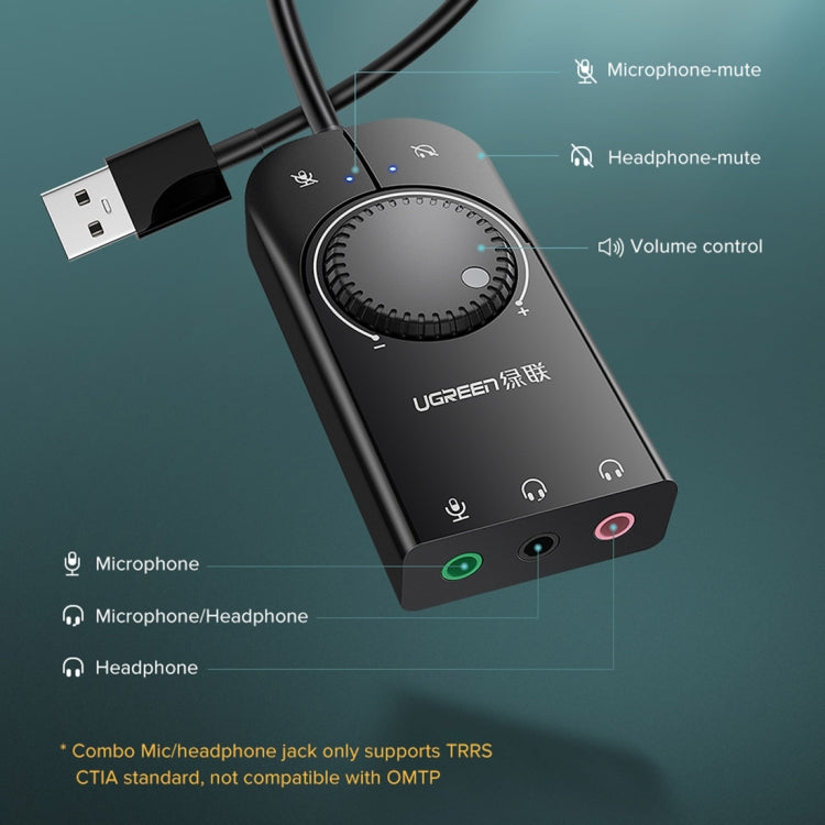 Lisslune | UGREEN CM109 USB to 3-Ports 3.5mm Computer External Audio Card with Volume Control, Length: 15cm