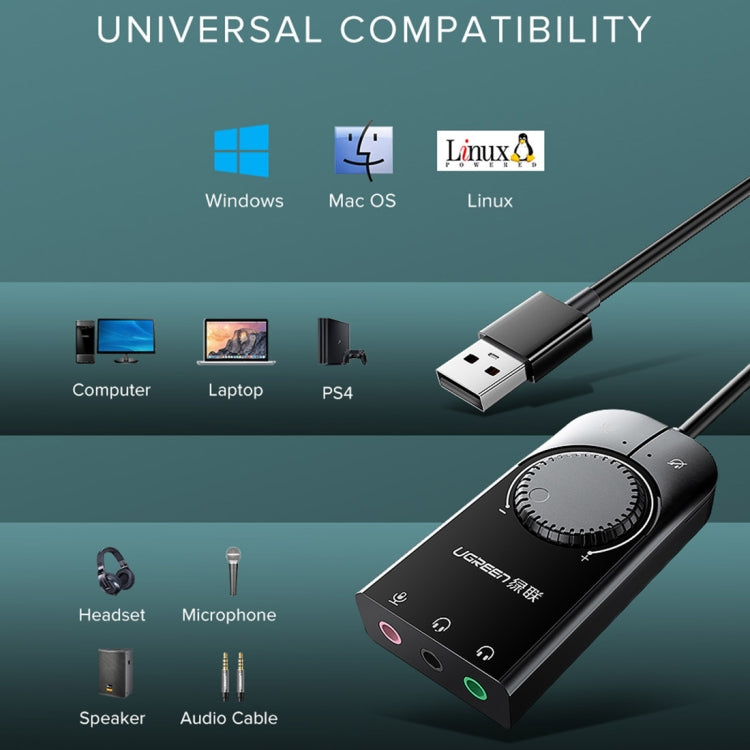 Lisslune | UGREEN CM109 USB to 3-Ports 3.5mm Computer External Audio Card with Volume Control, Length: 15cm