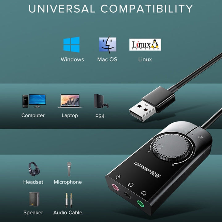 Lisslune | UGREEN CM109 USB to 3-Ports 3.5mm Computer External Audio Card with Volume Control, Length: 15cm