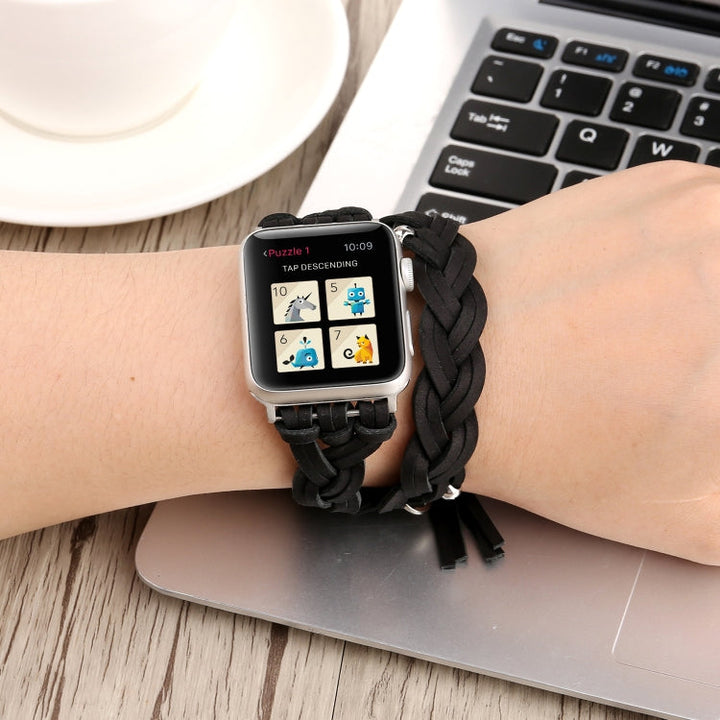 Lisslune | Handmade leather watch band for Apple Watch Series 9&8&7 41mm / SE 3&SE 2&6&SE&5&4 40mm / 3&2&1 38mm (Black)