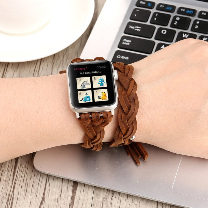 Lisslune | Handwoven Leather Band for Apple Watch Series 9&8&7 41mm / SE 3&SE 2&6&SE&5&4 40mm / 3&2&1 38mm (Dark Brown)