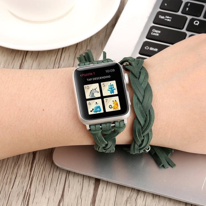 Lisslune | Hand-woven leather bracelet for Apple Watch Series 7 45 mm / 6 & SE & 5 & 4 44 mm / 3 & 2 & 1 42 mm (Green)