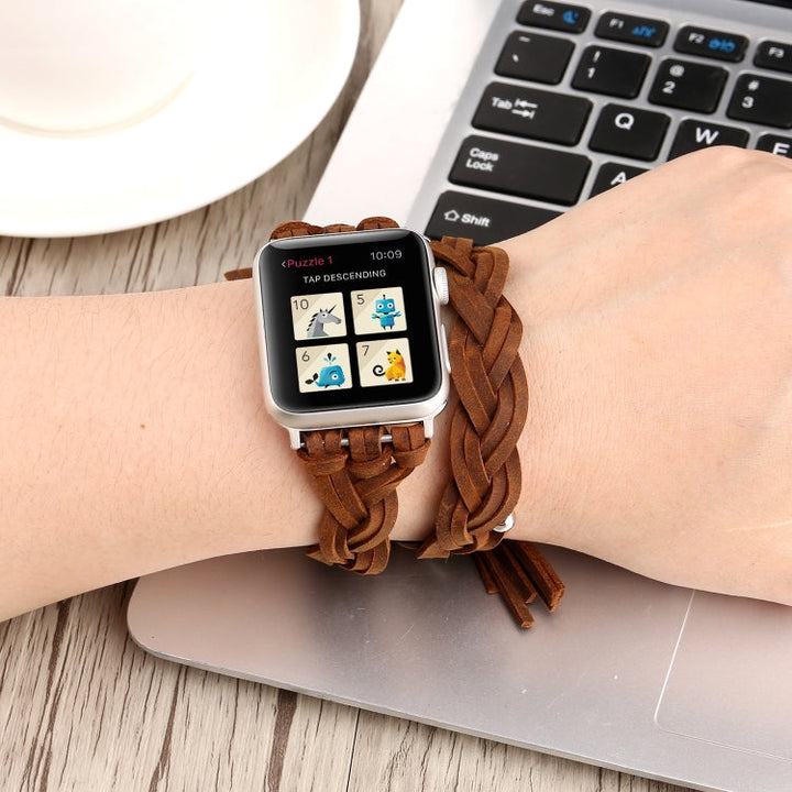 Lisslune | Hand-woven leather watch band for Apple Watch Series 7 45mm / 6 & SE & 5 & 4 44mm / 3 & 2 & 1 42mm (Dark Brown)