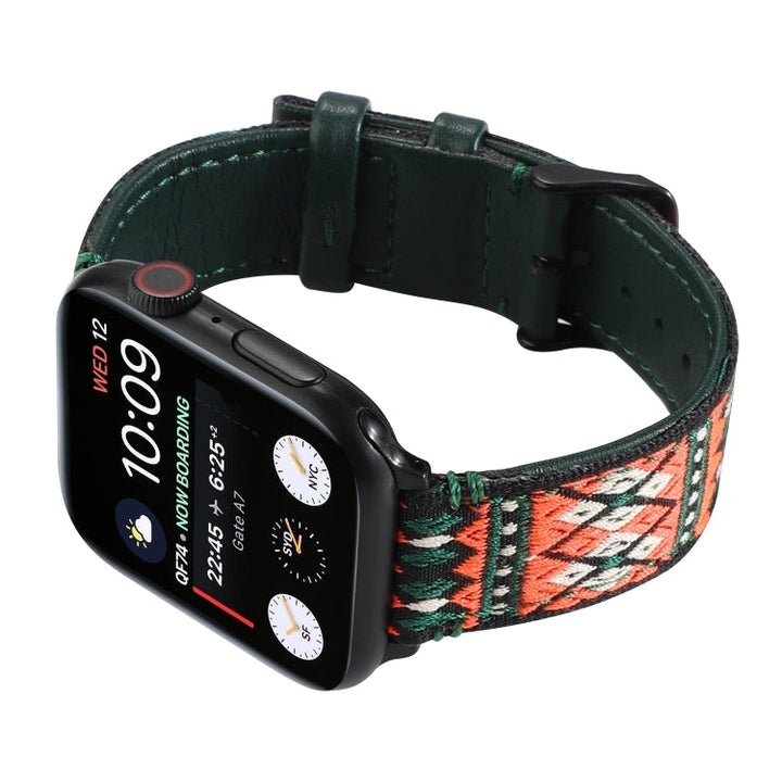 Lisslune | Ethnic Leather Watch Band for Apple Watch Series 7 45mm / 6 & SE & 5 & 4 44mm / 3 & 2 & 1 42mm (Dark Green)