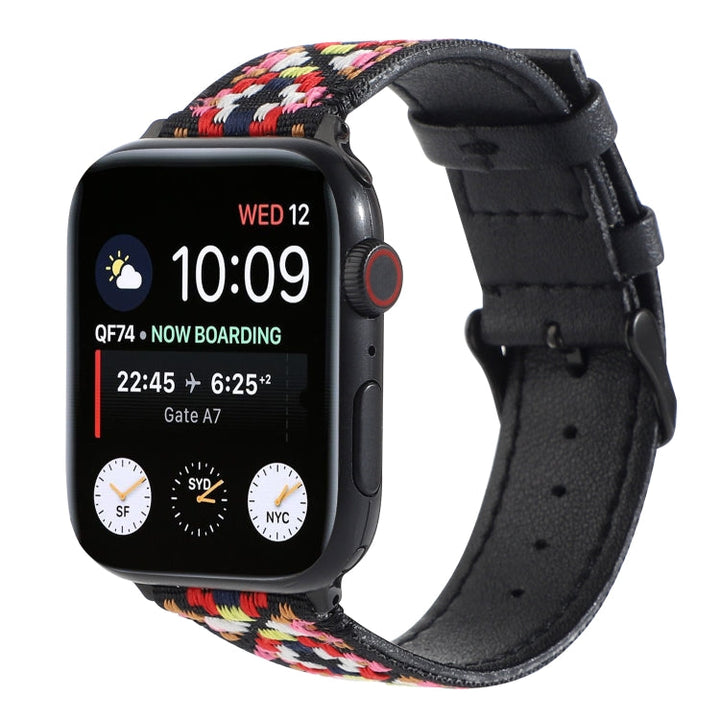 Lisslune | Ethnic Leather Watch Band for Apple Watch Series 7 45mm / 6 & SE & 5 & 4 44mm / 3 & 2 & 1 42mm (Black)