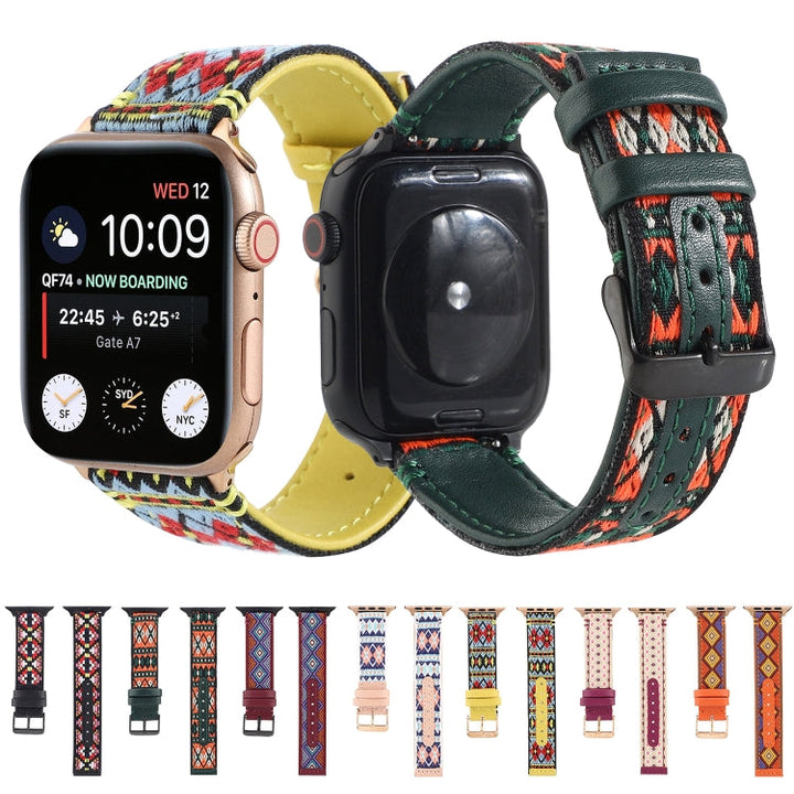 Lisslune | Ethnic Leather Watch Band for Apple Watch Series 7 45mm / 6 & SE & 5 & 4 44mm / 3 & 2 & 1 42mm (Dark Green)