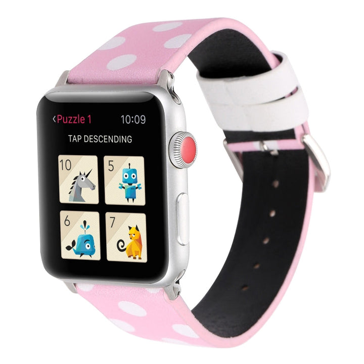Lisslune | Fashion Wave Dot Series Leather Bracelet for Apple Watch Ultra 49mm & Watch Ultra 2 49mm / Series 9 & 8 & 7 45mm / SE 3 & SE 2 & 6 & SE & 5 & 4 44mm / 3 & 2 & 1 42mm (White Wave Dots Pink)