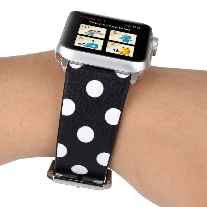 Lisslune | Fashion Wave Dot Series Leather Watch Band for Apple Watch Ultra 49mm & Watch Ultra 2 49mm / Series 9 & 8 & 7 45mm / SE 3 & SE 2 & 6 & SE & 5 & 4 44mm / 3 & 2 & 1 42mm (White Waves on Black)