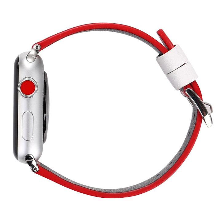 Lisslune | Fashion Wave Dot Series Leather Watch Band for Apple Watch Ultra 49mm & Watch Ultra 2 49mm / Series 9 & 8 & 7 45mm / SE 3 & SE 2 & 6 & SE & 5 & 4 44mm / 3 & 2 & 1 42mm (White Waves Dot Red Background)
