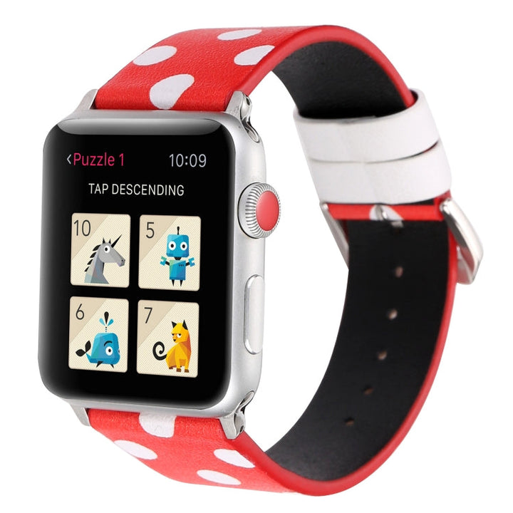 Lisslune | Fashion Wave Dot Series Leather Watch Band for Apple Watch Ultra 49mm & Watch Ultra 2 49mm / Series 9 & 8 & 7 45mm / SE 3 & SE 2 & 6 & SE & 5 & 4 44mm / 3 & 2 & 1 42mm (White Waves Dot Red Background)