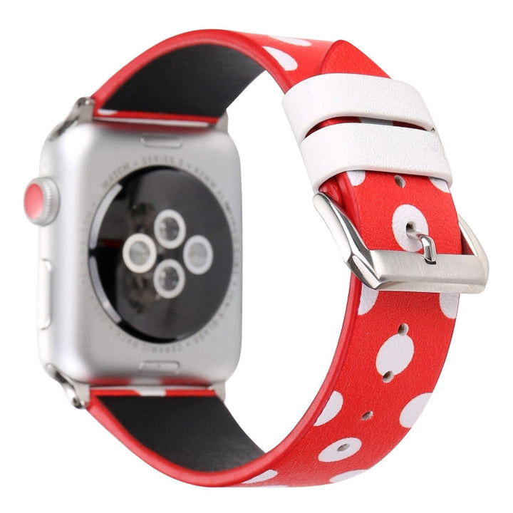 Lisslune | Fashion Wave Dot Series Leather Watch Band for Apple Watch Series 9&8&7 41mm / SE 3&SE 2&6&SE&5&4 40mm / 3&2&1 38mm (White Waves Dot Red Background)