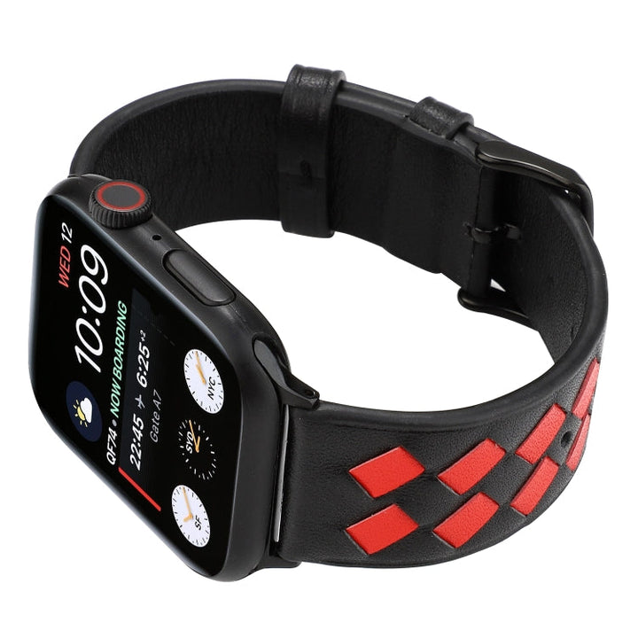 Lisslune | For Apple Watch Series 9&8&7 41mm / SE 3&SE 2&6&SE&5&4 40mm / 3&2&1 38mm Woven Pattern Leather Bracelet (Black Red)