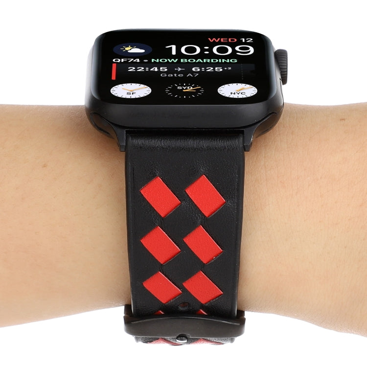 Lisslune | For Apple Watch Series 9&8&7 41mm / SE 3&SE 2&6&SE&5&4 40mm / 3&2&1 38mm Woven Pattern Leather Bracelet (Black Red)