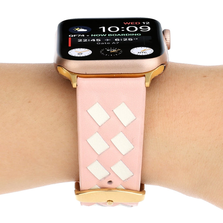 Lisslune | For Apple Watch Series 9&8&7 41mm / SE 3&SE 2&6&SE&5&4 40mm / 3&2&1 38mm Braided Pattern Leather Strap (Pink White)