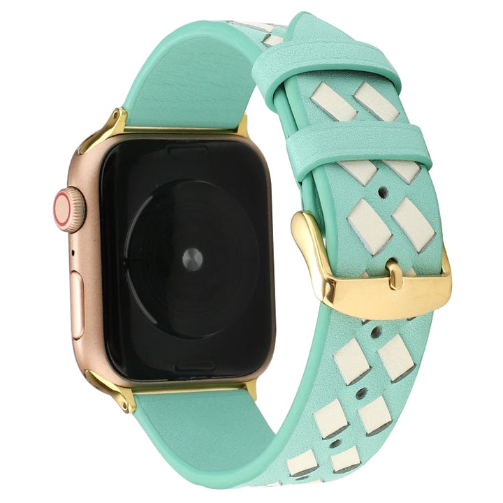 Lisslune | For Apple Watch Ultra 49mm & Watch Ultra 2 49mm / Series 9 & 8 & 7 45mm / SE 3 & SE 2 & 6 & SE & 5 & 4 44mm / 3 & 2 & 1 42mm Woven Pattern Leather Strap (Green White)