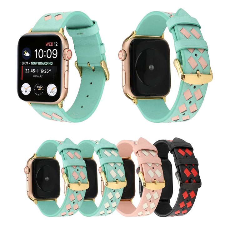 Lisslune | For Apple Watch Ultra 49mm & Watch Ultra 2 49mm / Series 9 & 8 & 7 45mm / SE 3 & SE 2 & 6 & SE & 5 & 4 44mm / 3 & 2 & 1 42mm Woven Pattern Leather Strap (Green White)