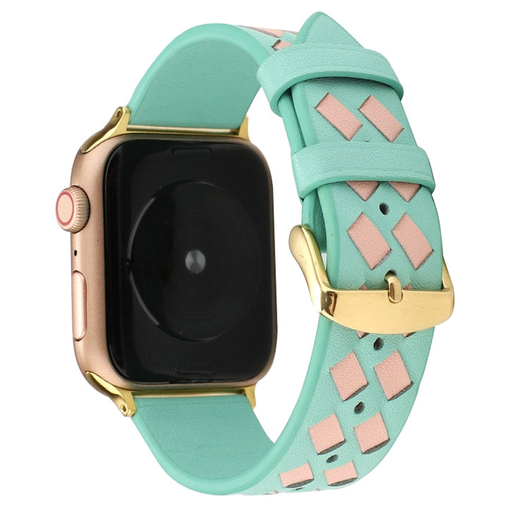 Lisslune | For Apple Watch Ultra 49mm & Watch Ultra 2 49mm / Series 9 & 8 & 7 45mm / SE 3 & SE 2 & 6 & SE & 5 & 4 44mm / 3 & 2 & 1 42mm Braided Pattern Leather Strap (Green Pink)