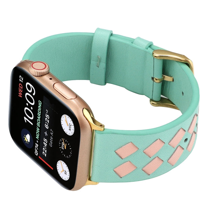 Lisslune | For Apple Watch Ultra 49mm & Watch Ultra 2 49mm / Series 9 & 8 & 7 45mm / SE 3 & SE 2 & 6 & SE & 5 & 4 44mm / 3 & 2 & 1 42mm Braided Pattern Leather Strap (Green Pink)