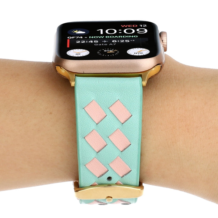 Lisslune | For Apple Watch Ultra 49mm & Watch Ultra 2 49mm / Series 9 & 8 & 7 45mm / SE 3 & SE 2 & 6 & SE & 5 & 4 44mm / 3 & 2 & 1 42mm Braided Pattern Leather Strap (Green Pink)