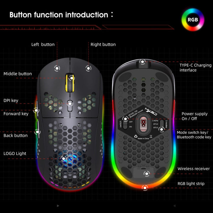Lisslune | HXSJ T90 RGB Light Three-Mode Wireless Gaming Mouse