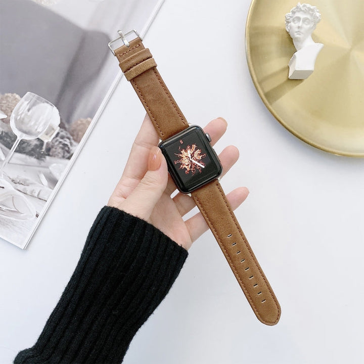 Lisslune | Crazy Horse Texture + Flat Textile Leather Watch Band for Apple Watch Ultra 49mm & Watch Ultra 2 49mm / Series 9 & 8 & 7 45mm / SE 3 & SE 2 & 6 & SE & 5 & 4 44mm / 3 & 2 & 1 42mm (Dark Brown)