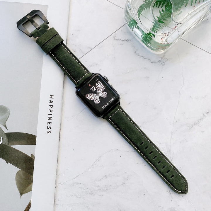 Lisslune | Big Head Buckle Leather Watch Band for Apple Watch Ultra 49mm & Watch Ultra 2 49mm / Series 9 & 8 & 7 45mm / SE 3 & SE 2 & 6 & SE & 5 & 4 44mm / 3 & 2 & 1 42mm (Green)
