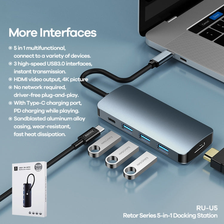 Lisslune | Remax RU-U5 5 In1 Multifunction Type-C / USB-C HUB Docking Station (Dark Gray)