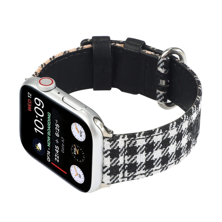 Lisslune | Grid Pattern Round Buckle Leather Watch Band for Apple Watch Series 7 45mm / 6 & SE & 5 & 4 44mm / 3 & 2 & 1 42mm (White Black)