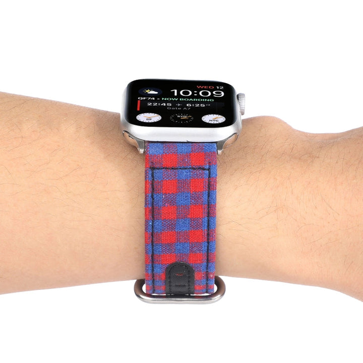 Lisslune | Grid Pattern Round Buckle Leather Watch Band for Apple Watch Ultra 49mm & Watch Ultra 2 49mm / Series 9 & 8 & 7 45mm / SE 3 & SE 2 & 6 & SE & 5 & 4 44mm / 3 & 2 & 1 42mm (Red Blue)