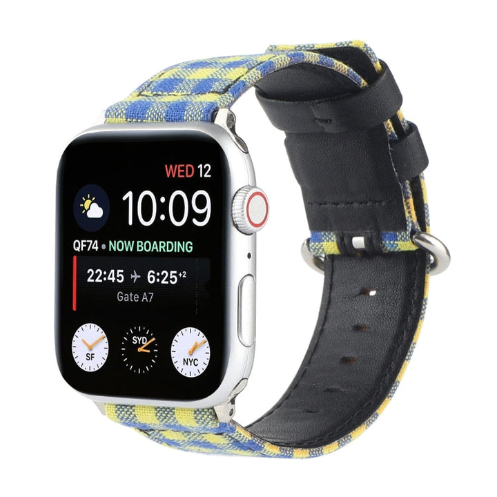 Lisslune | Grid Pattern Round Buckle Leather Watch Band for Apple Watch Series 9&8&7 41mm / SE 3&SE 2&6&SE&5&4 40mm / 3&2&1 38mm (Yellow Blue)