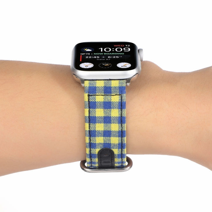 Lisslune | Grid Pattern Round Buckle Leather Watch Band for Apple Watch Series 9&8&7 41mm / SE 3&SE 2&6&SE&5&4 40mm / 3&2&1 38mm (Yellow Blue)