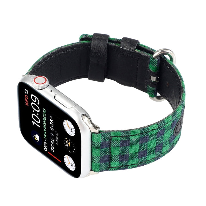 Lisslune | Grid Pattern Round Buckle Leather Watch Strap For Apple Watch Series 9&8&7 41mm / SE 3&SE 2&6&SE&5&4 40mm / 3&2&1 38mm (Green Black)