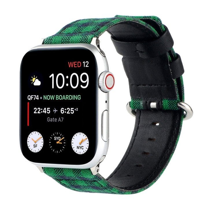 Lisslune | Grid Pattern Round Buckle Leather Watch Strap For Apple Watch Series 9&8&7 41mm / SE 3&SE 2&6&SE&5&4 40mm / 3&2&1 38mm (Green Black)
