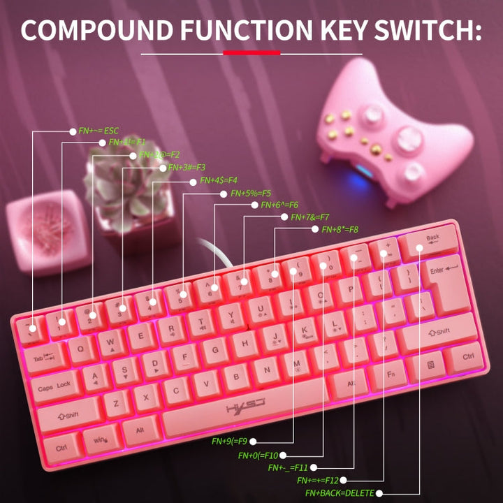 Lisslune | HXSJ V700 61 Keys RGB Lighting Gaming Wired Keyboard (Pink)