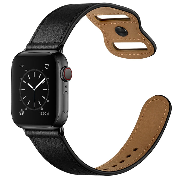 Lisslune | Double Hole Leather Watch Band for Apple Watch Ultra 49mm & Watch Ultra 2 49mm / Series 9 & 8 & 7 45mm / SE 3 & SE 2 & 6 & SE & 5 & 4 44mm / 3 & 2 & 1 42mm (Black)