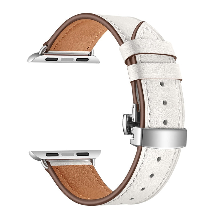 Lisslune | Leather + Butterfly Silver Buckled Bracelet for Apple Watch Series 7 45mm / 6 & SE & 5 & 4 44mm / 3 & 2 & 1 42mm (White)