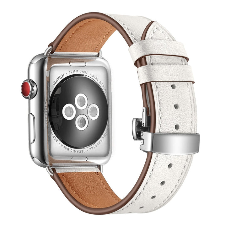 Lisslune | Leather + Butterfly Silver Buckled Bracelet for Apple Watch Series 7 45mm / 6 & SE & 5 & 4 44mm / 3 & 2 & 1 42mm (White)