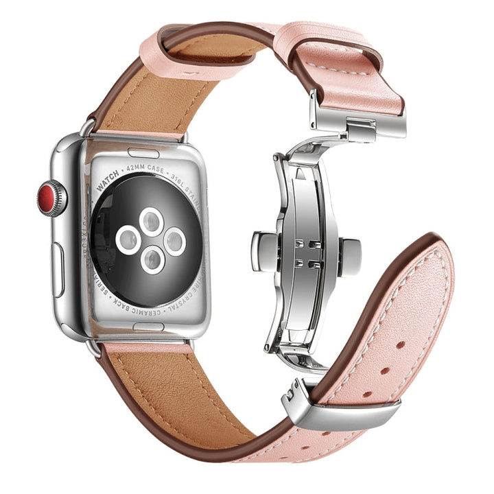 Lisslune | Leather + Butterfly Silver Buckle Watch Band for Apple Watch Series 7 45mm / 6 & SE & 5 & 4 44mm / 3 & 2 & 1 42mm (Pink)