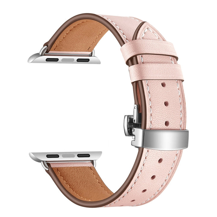 Lisslune | Leather + Butterfly Silver Buckle Watch Band for Apple Watch Series 7 45mm / 6 & SE & 5 & 4 44mm / 3 & 2 & 1 42mm (Pink)