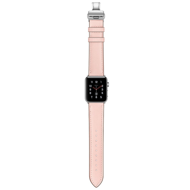 Lisslune | Leather + Butterfly Silver Buckle Watch Band for Apple Watch Series 7 45mm / 6 & SE & 5 & 4 44mm / 3 & 2 & 1 42mm (Pink)