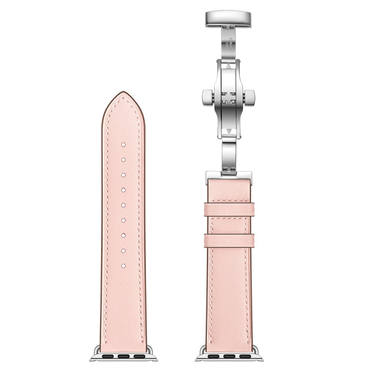 Lisslune | Leather + Butterfly Silver Buckle Watch Band for Apple Watch Series 7 45mm / 6 & SE & 5 & 4 44mm / 3 & 2 & 1 42mm (Pink)
