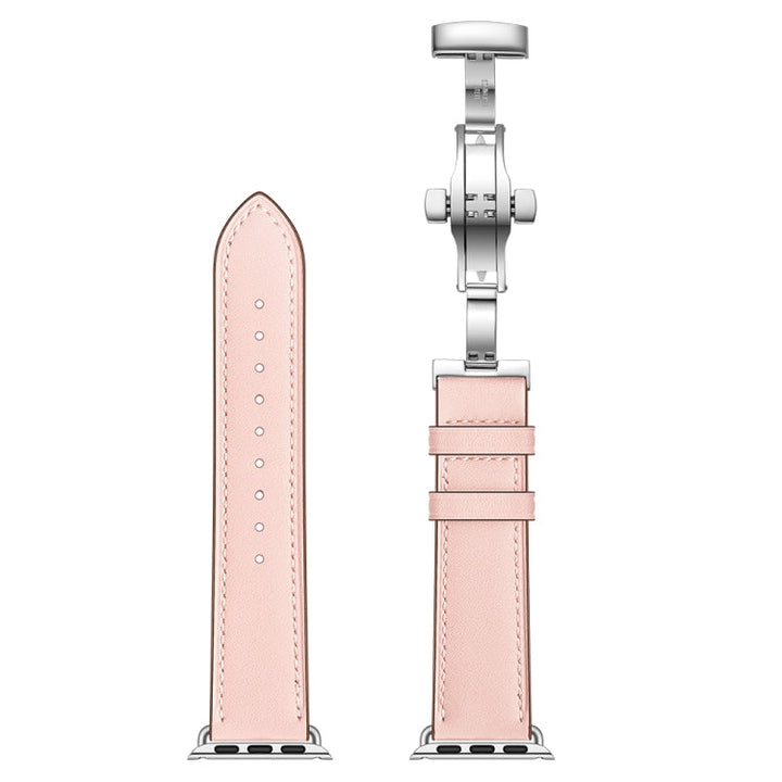 Lisslune | Leather + Butterfly Silver Buckle Watch Band for Apple Watch Series 7 45mm / 6 & SE & 5 & 4 44mm / 3 & 2 & 1 42mm (Pink)