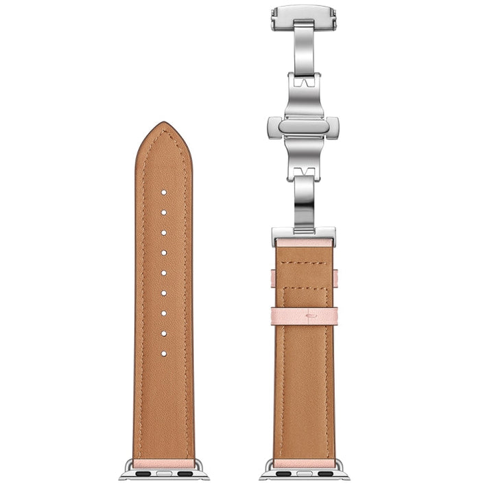 Lisslune | Leather + Butterfly Silver Buckle Watch Band for Apple Watch Series 7 45mm / 6 & SE & 5 & 4 44mm / 3 & 2 & 1 42mm (Pink)