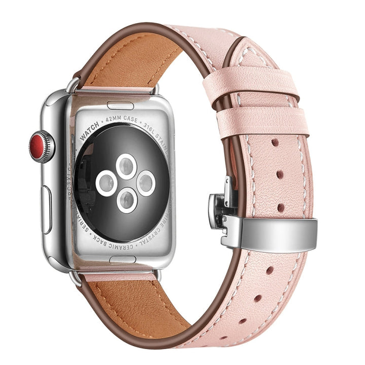 Lisslune | Leather + Butterfly Silver Buckle Watch Band for Apple Watch Series 7 45mm / 6 & SE & 5 & 4 44mm / 3 & 2 & 1 42mm (Pink)