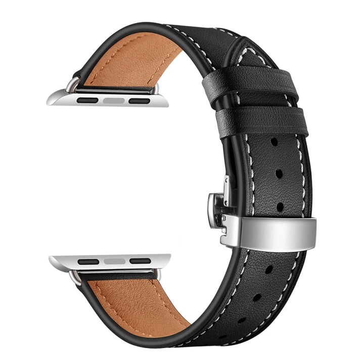 Lisslune | Leather + Butterfly Silver Buckle Watch Band for Apple Watch Series 7 45mm / 6 & SE & 5 & 4 44mm / 3 & 2 & 1 42mm (Black)